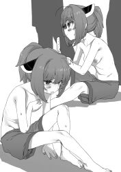  1girl alternate_costume barefoot breasts covering_breasts covering_privates crossdressing embarrassed frown glaring greyscale hands_on_own_knee headgear highres knee_up male_swimwear male_swimwear_challenge monochrome mukago_(mukagomumumu) multiple_views nipples people ponytail silhouette simple_background sitting small_breasts sweat swim_trunks topless_female touhoku_kiritan voiceroid 