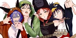  4girls animal_costume animal_hood bass_guitar black_hair blush braid caracal_costume claw_pose closed_mouth commentary drumsticks electric_guitar fujii_ayame futsuu_no_keion-bu gorilla_costume gorilla_mask green_eyes guitar guitar_strap gyaru_v hair_ornament hairpin hand_on_another&#039;s_shoulder hands_up hatono_chihiro head_tilt heartbreak_(futsuu_no_keion-bu) highres holding holding_drumsticks hood hood_up instrument kouyama_rin looking_at_viewer multiple_girls official_alternate_hair_length official_alternate_hairstyle open_mouth parted_lips penguin_costume penguin_hood purple_eyes purple_hair qrioic74 red_eyes red_hair sanpaku short_hair simple_background smile snake_costume snake_hood teeth tongue tongue_out twin_braids twintails uchida_momo upper_body v watermark white_background 