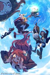  &gt;_&lt; 1boy 6+girls blonde_hair dog falling highres hoshikawa_lily konno_junko koyomania minamoto_sakura mizuno_ai multiple_girls nikaidou_saki red_hair romano romero_(zombie_land_saga) school_uniform shouting skirt sky sunglasses tatsumi_koutarou white_hair yamada_tae yuugiri_(zombie_land_saga) zombie_land_saga 