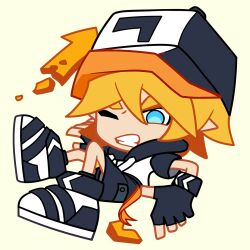  1boy aotu_world arrow_(symbol) baseball_cap belt black_gloves black_hat black_shoes black_shorts blonde_hair blue_eyes chibi chibi_only clenched_teeth fallen_down fingerless_gloves full_body gloves hair_between_eyes hat hood hood_down hoodie king_(aotu_world) looking_at_viewer male_focus multicolored_hat multicolored_hoodie multicolored_shoes official_art one_eye_closed pointy_ears qi_chuang_she shoes short_hair short_sleeves shorts simple_background sitting sneakers solo teeth third-party_source white_background white_hoodie yellow_belt 