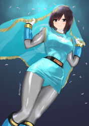  1girl absurdres blue_boots blush bodysuit boots breasts brown_eyes brown_hair cycloneactionx gloves grey_bodysuit highres holding hurricane_blue knee_boots looking_at_viewer medium_breasts ninja ninpuu_sentai_hurricanger no_headwear nono_nanami short_hair skin_tight smile solo super_sentai tokusatsu 
