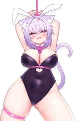  1girl animal_ears arms_up bare_legs bdsm between_breasts black_leotard blush bondage bound bound_wrists breasts cat_ears cat_tail chest_harness cleavage collar covered_navel cowboy_shot fake_animal_ears fang gluteal_fold hairband harness heart heart-shaped_pupils highleg highres hololive large_breasts leotard mochigomemcmc necktie nekomata_okayu open_mouth parody purple_eyes purple_hair rabbit_hole_(vocaloid) restrained simple_background solo strapless strapless_leotard symbol-shaped_pupils tail thigh_strap thighs virtual_youtuber white_background wide_hips  rating:Sensitive score:34 user:internetlovemachine