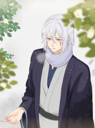  1boy alternate_costume black_jacket breath commentary_request cowboy_shot day downturned_eyes expressionless eyelashes grey_eyes grey_hair grey_kimono hair_between_eyes haori highres jacket japanese_clothes kimono kohanai_setsuna leonid_(shining_nikki) light_particles long_sleeves looking_at_hand male_focus marking_on_cheek medium_hair nikki_(series) outdoors outstretched_hand palms parted_lips shining_nikki signature solo standing tree wide_sleeves 