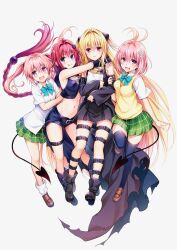  4girls black_dress black_thighhighs blonde_hair blue_eyes blush breasts crop_top demon_tail dress fang flower full_body gluteal_fold hair_flower hair_ornament happy highres konjiki_no_yami kurosaki_mea long_hair looking_at_viewer medium_breasts momo_velia_deviluke multiple_girls nana_asta_deviluke navel official_art open_mouth panties panty_peek pink_hair red_eyes school_uniform shirt shorts siblings simple_background sisters small_breasts smile stomach tail thighhighs thighs to_love-ru to_love-ru_darkness twins twintails underwear very_long_hair vest white_background white_shirt yabuki_kentarou yellow_vest 