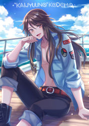  1boy :d anglade_(kaijuu_no_kodomo) arm_support belt bishounen black_boots black_pants blue_jacket blue_sky boat boots brown_eyes brown_hair character_name clenched_hand cloud cloudy_sky collared_jacket commentary copyright_name day hair_between_eyes highres jacket kaijuu_no_kodomo knee_up lace-up_boots long_hair looking_at_viewer male_focus navel ocean open_clothes open_jacket open_mouth pants shadow sitting sky smile solo suzaku_(zaku6584) watercraft 