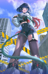  1girl animal_ears artist_name asymmetrical_legwear black_hair bob_cut breasts building cropped_jacket day from_below fur-trimmed_jacket fur_trim green_eyes grey_jacket highres hotpants jacket jane_doe_(zenless_zone_zero) large_breasts lunarnia medium_hair midriff mouse_ears mouse_girl mouse_tail necktie outdoors sky solo tail thighhighs zenless_zone_zero zettai_ryouiki 