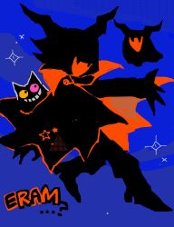  3others black_boots black_cat black_hair black_horns black_skin blue_background boots cat claws cloak colored_skin commentary creature_and_personification deltarune eram_(deltarune) fangs flat_color friend_(deltarune) heterochromia high_contrast highres horns limited_palette mantle multiple_others open_mouth orange_cloak personification simple_background smile sparkle toybox_49 
