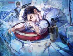  1boy alcohol avengers_(series) black_hair black_necktie blonde_hair blue_eyes bottle captain_america closed_eyes closed_mouth collared_shirt english_text facial_hair highres holographic_interface long_sleeves male_focus marvel marvel_cinematic_universe necktie peachline1106 pliers robot screw shield shirt short_hair sleeping solo star_(symbol) steve_rogers table tony_stark white_shirt workshop wrench 