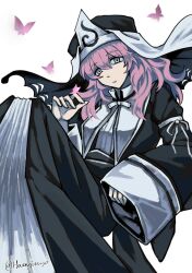 1girl alternate_costume black_dress bow bowtie bug butterfly chinese_commentary commentary_request dress hair_between_eyes highres huanyizi insect invisible_chair koumajou_densetsu koumajou_densetsu_2 long_dress long_hair long_sleeves parted_lips pink_eyes pink_hair puritan_collar saigyouji_yuyuko sitting smile solo touhou triangular_headpiece veil white_bow white_bowtie