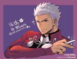  1boy archer_(fate) armor artist_name coat dark-skinned_male dark_skin fate/grand_order fate/stay_night fate_(series) highres male_focus red_coat shibanui signature smile solo spiked_hair tan white_hair 