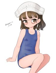 1girl absurdres aged_down blue_one-piece_swimsuit brown_eyes brown_hair dated feet_out_of_frame flat_chest glasses headdress highres invisible_chair kantai_collection maru_(marg0613) one-piece_swimsuit pince-nez roma_(kancolle) school_swimsuit short_hair simple_background sitting solo swimsuit twitter_username white_background 