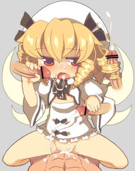  1boy 1girl beret black_bow black_bowtie blonde_hair bow bowtie cowgirl_position cum cum_in_mouth cum_in_pussy cum_on_body cum_on_pussy disembodied_penis double_handjob dress drill_hair facial flat_chest group_sex hairjob handjob hat hetero luna_child nipples orgasm penis poshan pov red_eyes riding sex straddling thighs touhou twin_drills white_dress white_headwear  rating:Explicit score:34 user:largesoda999