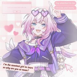  1girl alternate_costume bandaid bandaid_on_face blue_eyes blush caelus_(honkai:_star_rail) character_charm charm_(object) chinese_commentary commentary_request cyrene_(honkai:_star_rail) english_text eyewear_on_head heart heart-shaped_eyewear honkai:_star_rail honkai_(series) jacket medium_hair multicolored_hair open_mouth pink_hair purple_jacket shirt smile solo stelle_(honkai:_star_rail) sunglasses trailblazer_(honkai:_star_rail) two-tone_hair white_hair white_shirt xianyu93272 