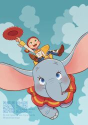  1boy 1girl animal_print belt boots braid chaps cow_print cowboy_hat cowgirl_(western) dumbo dumbo_(character) elephant green_eyes hat highres jessie_the_yodeling_cowgirl long_hair long_sleeves print_chaps red_hair shirt single_braid smile takatmaorange toy_story toy_story_2 yoke_(clothing) 