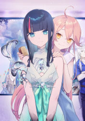  2boys 4girls absurdres ahoge aqua_skirt bare_shoulders black_hair blue_eyes blunt_bangs blush breasts daisi_gi dress fate/grand_order fate/requiem fate_(series) galahad_(fate) galahad_alter_(fate) highres karin_(fate) koharu_f_riedenflaus long_hair looking_at_viewer louhi_(fate) louhi_(first_ascension)_(fate) medium_breasts medium_hair merlin_(fate) multicolored_hair multiple_boys multiple_girls open_mouth pink_hair sidelocks skirt smile streaked_hair utsumi_erice white_dress yellow_eyes 