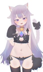  1girl alternate_costume animal_ears animal_hands animal_print bell black_bow black_bra black_panties black_thighhighs bow bra cat_cutout cat_ears cat_panties cat_print cat_tail chest_jewel clothing_cutout gem gloves grey_hair highres hololive hololive_english koseki_bijou long_hair looking_at_viewer navel neck_bell panties paw_gloves print_panties purple_eyes purple_gemstone shironekoshi side-tie_panties simple_background solo tail tail_bow tail_ornament thighhighs underwear virtual_youtuber white_background 