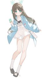 1girl absurdres airi_(band)_(blue_archive) airi_(blue_archive) bag blue_archive blue_jacket blush brown_hair food full_body green_eyes green_halo halo highres ice_cream ice_cream_cone jacket loafers long_hair long_sleeves looking_at_viewer mint_chocolate mint_chocolate_(razschi) official_alternate_costume pleated_skirt print_shirt shirt shoes shoulder_bag skirt socks solo tachibana_shiori_(suica_112) white_background white_shirt white_skirt white_socks rating:General score:9 user:danbooru