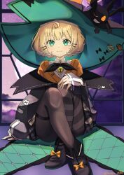  1girl :3 ahoge aqua_eyes aqua_nails asymmetrical_legwear bell black_neckerchief blonde_hair cardigan crossed_legs grin hat jingle_bell large_hat light_blush looking_at_viewer lucie_(millie_parfait) medium_hair millie_parfait millie_parfait_(1st_costume) mismatched_legwear nagu_o000 neck_bell neckerchief nijisanji nijisanji_en off-shoulder_jacket off_shoulder orange_cardigan pantyhose sitting smile striped_clothes striped_pantyhose thigh_strap virtual_youtuber witch_hat 