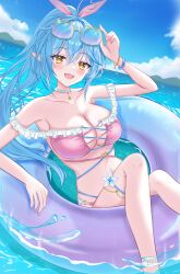  1girl adjusting_eyewear ahoge arlonn bikini blue-tinted_eyewear blue_hair blue_sky breasts cleavage elf eyewear_on_head heart heart_ahoge highres hololive innertube large_breasts looking_at_viewer pink_bikini pointy_ears sky solo sunglasses swim_ring swimsuit tinted_eyewear virtual_youtuber yellow_eyes yukihana_lamy 