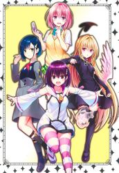  4girls :d ahoge ayakashi_triangle bird_wings black_cat_(series) black_dress blonde_hair blue_hair bob_cut bow bowtie cover cross darling_in_the_franxx demon_tail detached_sleeves dress dress_shirt dress_shoes eve_(black_cat) flower_hairpin full_body gradient_background green_eyes hair_ornament hairpin hand_in_pocket hands_up highres holding holding_phone hood hoodie ichigo_(darling_in_the_franxx) index_finger_raised kanade_suzu kneehighs leg_up long_hair mary_janes momo_velia_deviluke multiple_girls official_art okobo open_mouth origami parasite_dress_uniform_(darling_in_the_franxx) parted_lips phone pink_eyes pink_hair plaid_clothes plaid_skirt platform_sandals playing_with_own_hair purple_eyes purple_hair red_eyes sandals shikigami shirt shoes skirt sleeveless sleeveless_hoodie smile socks standing standing_on_one_leg star_(symbol) star_symbol_background sweater_vest tail thighhighs third-party_source to_love-ru to_love-ru_darkness very_long_hair wide_hips wings yabuki_kentarou 