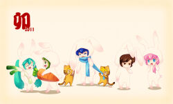  2011 2boys 5girls animal_costume animal_print blonde_hair blue_eyes blue_hair brown_eyes brown_hair carrot chibi chibi_only chinese_zodiac closed_eyes commentary_request crodire crying full_body green_eyes green_hair gumi hatsune_miku kagamine_len kagamine_rin kaito_(vocaloid) long_hair looking_at_another megurine_luka meiko_(vocaloid) multiple_boys multiple_girls open_mouth pink_hair rabbit_costume short_hair smile spring_onion standing streaming_tears tears tiger_costume tiger_print twintails vocaloid year_of_the_rabbit year_of_the_tiger 