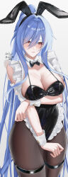  1girl absurdres alternate_costume animal_ears arm_under_breasts black_bow black_bowtie black_leotard black_pantyhose blue_hair blush bow bowtie breasts chinese_commentary closed_mouth collar commentary_request cowboy_shot dated detached_collar frilled_leotard frills grey_background hair_between_eyes highres honkai:_star_rail honkai_(series) jingliu_(honkai:_star_rail) large_breasts leotard long_hair pantyhose playboy_bunny ponytail rabbit_ears red_eyes sanvicept signature solo thigh_strap very_long_hair white_collar white_wrist_cuffs wrist_cuffs 