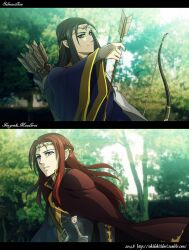 2014 2boys arrow_(projectile) artist_name black_hair bow_(weapon) braid buckle cape character_name closed_mouth collar cousins crown_braid dated day elf fingon floating_clothes floating_hair forest gem holding holding_arrow holding_bow_(weapon) holding_weapon long_hair long_sleeves maedhros male_focus multiple_boys nature outdoors parted_bangs parted_lips pointy_ears prince quiver red_hair robe sword teeth the_silmarillion tiara title tokidoki_tidori tolkien&#039;s_legendarium tree upper_body watermark weapon web_address
