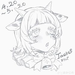  1girl animal_ears bell commentary_request cow_ears cow_girl cow_horns cowbell fang frilled_shirt_collar frills greyscale highres horns kajino monochrome neck_bell original personification portrait short_hair simple_background solo taurus_(zodiac) white_background zodiac 
