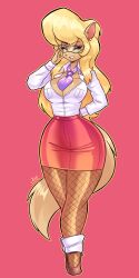  1girl absurdres blonde_hair breasts callie_briggs cat_girl cleavage curvy eyeshadow female_focus fishnet_pantyhose fishnets full_body furry furry_female glasses green_eyes highres jamoart large_breasts long_hair looking_at_viewer makeup pantyhose secretary simple_background solo swat_kats tail thick_thighs thighs wide_hips  rating:Sensitive score:0 user:catonfire26
