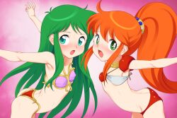  2girls armor armpits arms_up ass ayanokouji_rem bikini bikini_armor breasts butt_crack caron_(rall) choker commission commissioner_upload crossover dream_hunter_rem face-to-face fugetsu_taku green_eyes green_hair leaning_forward long_hair multiple_girls open_mouth orange_hair outstretched_arms pink_bikini ponytail red_bikini sf_choujigen_densetsu_rall shoulder_armor skeb_commission small_breasts swimsuit trait_connection very_long_hair 
