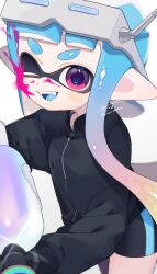  1girl bike_shorts black_sweater blue_hair commentary_request gradient_hair gun highres holding holding_gun holding_weapon ink inkling inkling_girl inkling_player_character long_hair looking_at_viewer multicolored_hair nintendo one_eye_closed open_mouth paint pink_eyes pink_hair sabata_saba signature smile solo splatoon_(series) splatoon_3 splattershot_(splatoon) standing sweater tentacle_hair thick_eyebrows watermark weapon white_background zipper 