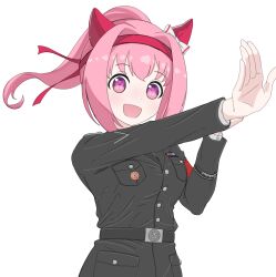  1girl :d absurdres alternate_costume animal_ears arm_up armband belt black_belt black_cat03 black_jacket black_pants hair_intakes haru_urara_(umamusume) headband highres horse_ears jacket long_sleeves looking_at_viewer medium_hair military_uniform nazi nazi_party_pin open_mouth pants pink_eyes pink_hair ponytail red_armband red_headband reichsadler salute sidelocks simple_background smile solo straight-arm_salute swastika umamusume white_background 
