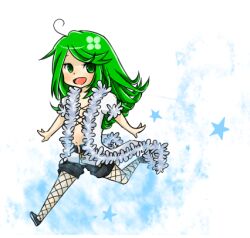  1girl ahoge alternate_color black_pantyhose black_shorts blush chibi chibi_only coat commentary_request cross-laced_clothes cross-laced_top fishnet_pantyhose fishnets full_body fur-trimmed_coat fur_trim green_eyes green_hair long_hair looking_at_viewer lowres meiko_(nattu303) navel open_clothes open_coat open_fly open_mouth pantyhose ragnarok_online rogue_(ragnarok_online) running short_shorts short_sleeves shorts smile solo white_background white_coat 
