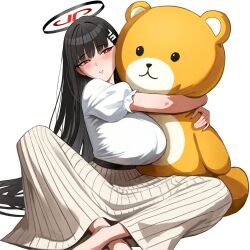  black_hair blue_archive blush breasts evil_rat hair_ornament halo hime_cut large_breasts long_hair red_eyes rio_(blue_archive) simple_background skirt stuffed_animal stuffed_toy teddy_bear very_long_hair 