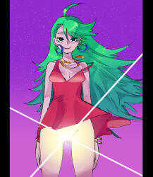  1girl ahoge aqua_hair bracelet dress earrings eyeshadow hoop_earrings jewelry lens_flare light_censor long_hair makeup night night_sky no_panties panty_&amp;_stocking_with_garterbelt panty_(psg) red_dress sky smile solo star_(sky) starry_sky strap_slip thigh_gap wanderjegson 