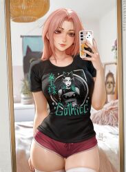  1girl april_(sciamano240) aqua_nails arm_behind_back bed bed_sheet black_shirt cat cellphone chloe_(sciamano240) closed_mouth collarbone dolphin_shorts ear_piercing highres holding holding_phone iphone lipstick makeup mirror_selfie original phone piercing pillow pink_eyes pink_hair pink_nails red_shorts sciamano240 selfie shirt short_shorts shorts sloth_(animal) smartphone smile solo standing t-shirt thighhighs thighs white_thighhighs 