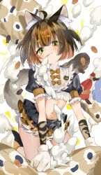  1girl ahoge all_fours animal_ear_fluff animal_ears anno_aano black_hair breasts cat_ears cat_girl cat_tail crop_top gloves green_eyes green_hair highres looking_at_viewer maid multicolored_hair navel orange_hair original ribbon short_eyebrows short_hair skirt slit_pupils small_breasts tail thick_eyebrows thighs twintails white_background  rating:General score:4 user:danbooru