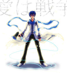  1boy black_pants blue_eyes blue_hair blue_scarf closed_mouth coat commentary_request crodire expressionless full_body highres holding holding_megaphone holding_string kaito_(vocaloid) koi_wa_sensou_(vocaloid) looking_at_viewer male_focus megaphone pants scarf shoes short_hair simple_background solo standing string vocaloid white_background white_coat white_shoes 
