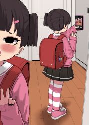  1girl backpack bag black_eyes black_nails black_skirt blush cardigan cellphone child commentary english_commentary hair_ornament hairclip highres indoors kitavana mirror mole mole_under_eye mole_under_mouth multiple_views original phone pink_cardigan pink_shoes randoseru reflection selfie shoes short_eyebrows short_twintails skirt smartphone solo split_crop standing striped_clothes striped_thighhighs thighhighs twintails v wooden_floor 