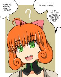  1girl ahoge bob_cut bow dress english english_text female_focus green_eyes hair_bow head_tilt lunarisaileron no_nose open_mouth orange_hair outside_border penny_(rwby) penny_polendina portrait rwby short_hair simple_background solo speech_bubble 