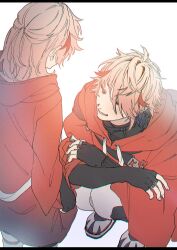  2boys :d aged_down ahoge black_gloves black_hair boots child chromatic_aberration coat commentary_request drawstring dual_persona facing_away fingerless_gloves from_behind gloves hair_between_eyes half_updo highres hood hood_down hooded_coat kaburagi_(pnoir087) long_hair long_sleeves looking_at_another male_focus medium_hair multicolored_hair multiple_boys nijisanji open_mouth pants pink_hair red_coat red_eyes red_hair seraph_dazzlegarden seraph_dazzlegarden_(1st_costume) smile squatting standing streaked_hair time_paradox virtual_youtuber white_background white_boots white_pants wide_sleeves 