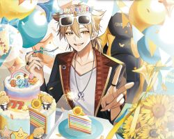 1boy :d ahoge balloon birthday birthday_glasses black_jacket bloom blue_bow bow brown_hair cake cake_slice chair character_doll collarbone commentary_request confetti doll earrings eyeshadow eyewear_on_head fingernails fireworks flower food fork fushimi_gaku fushimi_gaku_(1st_costume) gaming_chair glasses hair_between_eyes hands_up happy_birthday highres holding holding_fork indoors jacket jewelry lapels long_fingernails long_sleeves looking_at_viewer low_ponytail magatama magatama_necklace makeup male_focus medium_hair necklace nijisanji open_clothes open_jacket open_mouth plate ponytail rainbow_cake red_eyeshadow ribbon ring saw_(dtn_error) sharp_fingernails shirt sitting smile solo sparkler star_(symbol) star_balloon string_of_flags stud_earrings sunflower swivel_chair table teeth upper_teeth_only v virtual_youtuber white-framed_eyewear white_shirt yagasuri yellow_bow yellow_eyes yellow_flower yellow_ribbon