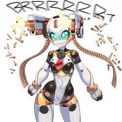  1girl ammunition_belt android bald bald_female blue_eyes breasts cameltoe clenched_hands gun highres humanoid_robot leotard machine_gun necktie nisetanaka original red_necktie robot sound_effects twintails weapon white_background  rating:Questionable score:46 user:danbooru