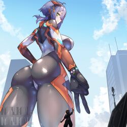  1boy 1girl absurdres artist_name ass blue_sky bodysuit breasts building city cloud colossus_(natsukaze_shigure) from_behind from_below giant giantess green_eyes headgear hexagon_print highres impossible_bodysuit impossible_clothes large_breasts looking_at_viewer looking_back magical_girl natsukaze_shigure original outdoors purple_hair science_fiction shiny_clothes short_hair skin_tight sky skyscraper smile v variant_set watermark 