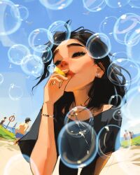  1girl 4others black_eyes black_hair blowing_bubbles blue_shirt boat bracelet earrings fence fisheye grass hair_over_shoulder highres holding horizon jewelry leaning_forward long_hair messy_hair multiple_others ocean original sailboat sam_yang shirt sign silver_bracelet silver_necklace skyline soap_bubbles sparkling_eyes stud_earrings t-shirt watercraft 