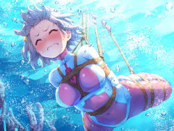  1girl arms_behind_back asphyxiation bdsm blush bodysuit bondage bound box_tie breasts bubble chikyuu_boueitai_star_guardians closed_eyes closed_mouth day drowning female_focus frogtie hair_ornament holding_breath impossible_bodysuit impossible_clothes latex okiban peril purinpu rope shibari short_hair skin_tight solo star_(symbol) star_hair_ornament suspension underwater white_hair  rating:Questionable score:107 user:danbooru