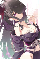  &gt;:) 1girl absurdres ahoge arm_behind_back bare_shoulders black_choker black_hakama black_kimono breasts butterfly_hair_ornament choker cleavage closed_mouth collarbone commentary_request cowboy_shot groin hair_ornament hair_over_one_eye hair_over_shoulder hakama hand_up highres japanese_clothes katanegai kimono large_breasts long_bangs long_hair long_sleeves looking_at_viewer mature_female midriff nail_polish one_eye_covered pink_nails ponytail purple_eyes revealing_clothes sidelocks simple_background smile solo split_mouth sukonbu385 v-shaped_eyebrows very_long_hair watermark white_background wide_sleeves yami_(katanegai) 