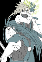  2boys black_hair blonde_hair blue_eyes cloud_strife cross_scar earrings electricity facial_scar final_fantasy final_fantasy_vii gloves jewelry long_hair male_focus multiple_boys scar scar_on_cheek scar_on_face short_hair single_earring sleeveless sleeveless_turtleneck spiked_hair turtleneck zack_fair zc_furuya 