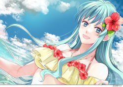  1girl :d aqua_eyes aqua_hair bare_shoulders bikini breasts cloud cloudy_sky eirika_(fire_emblem) eirika_(summer)_(fire_emblem) eyelashes fire_emblem fire_emblem:_the_sacred_stones fire_emblem_heroes flower hair_flower hair_ornament highres long_hair looking_at_viewer medium_breasts nintendo official_alternate_costume open_mouth shibahiyori1202 sidelocks sky smile solo swimsuit upper_body yellow_bikini 