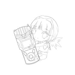  1girl digimon digimon_(creature) digimon_xros_loader female_focus highres hinomoto_oniko looking_at_viewer monochrome smile solo 